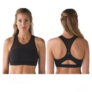 Lululemon Move Sports Bra Size 10 Black Mesh Panel w/Polka Dots Racerback 14.25"